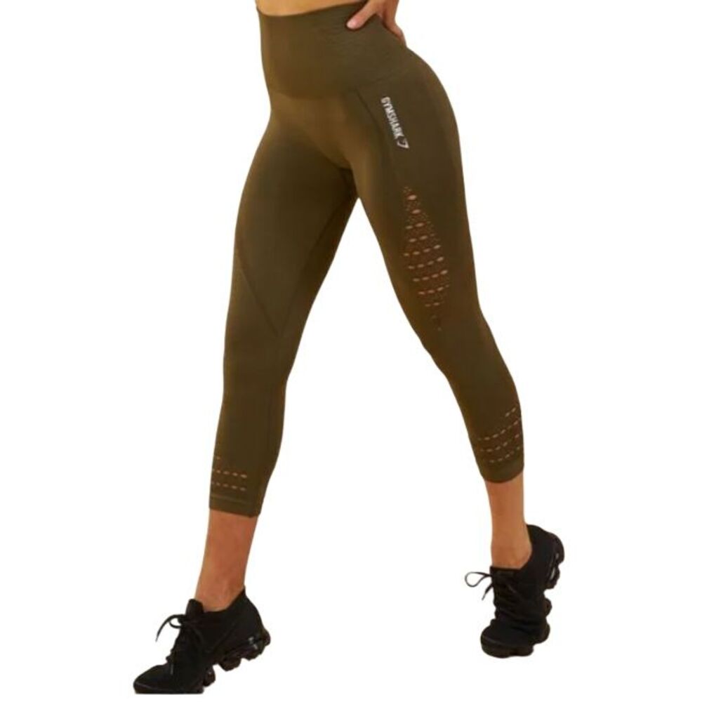 Gymshark Energy Seamless High Rise Cropped Graphic Logo Leggings Olive Green‎
